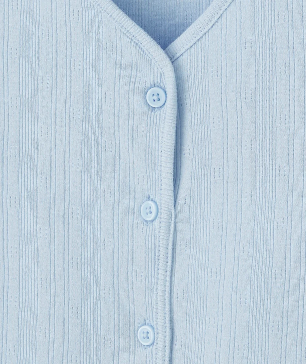 T-SHIRT TRICOT MANCHES COURTES FILLE EN COTON BIO BLEU ET CÔTELÉ