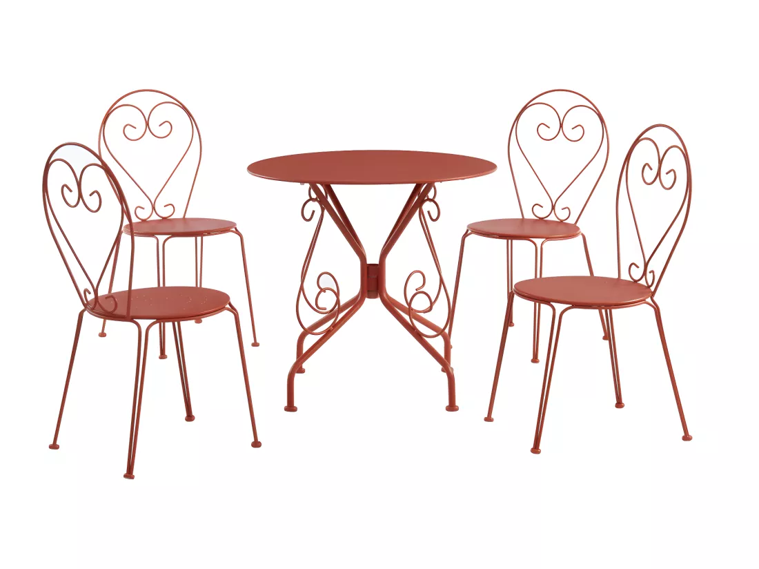 Salle à manger de jardin en métal façon fer forgé : une table et 4 chaises empilables - Terracotta - GUERMANTES de MYLIA
