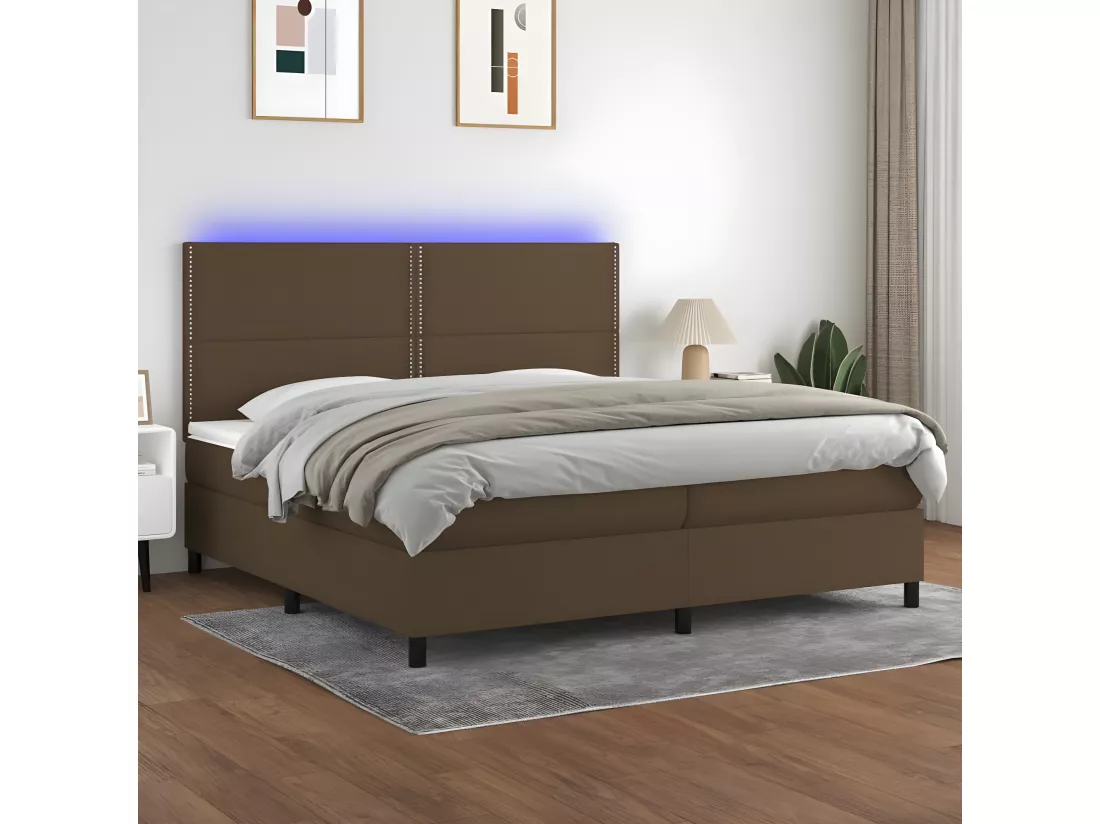 Sommier tapissier matelas et LED Marron foncé 200x200 cm Tissu