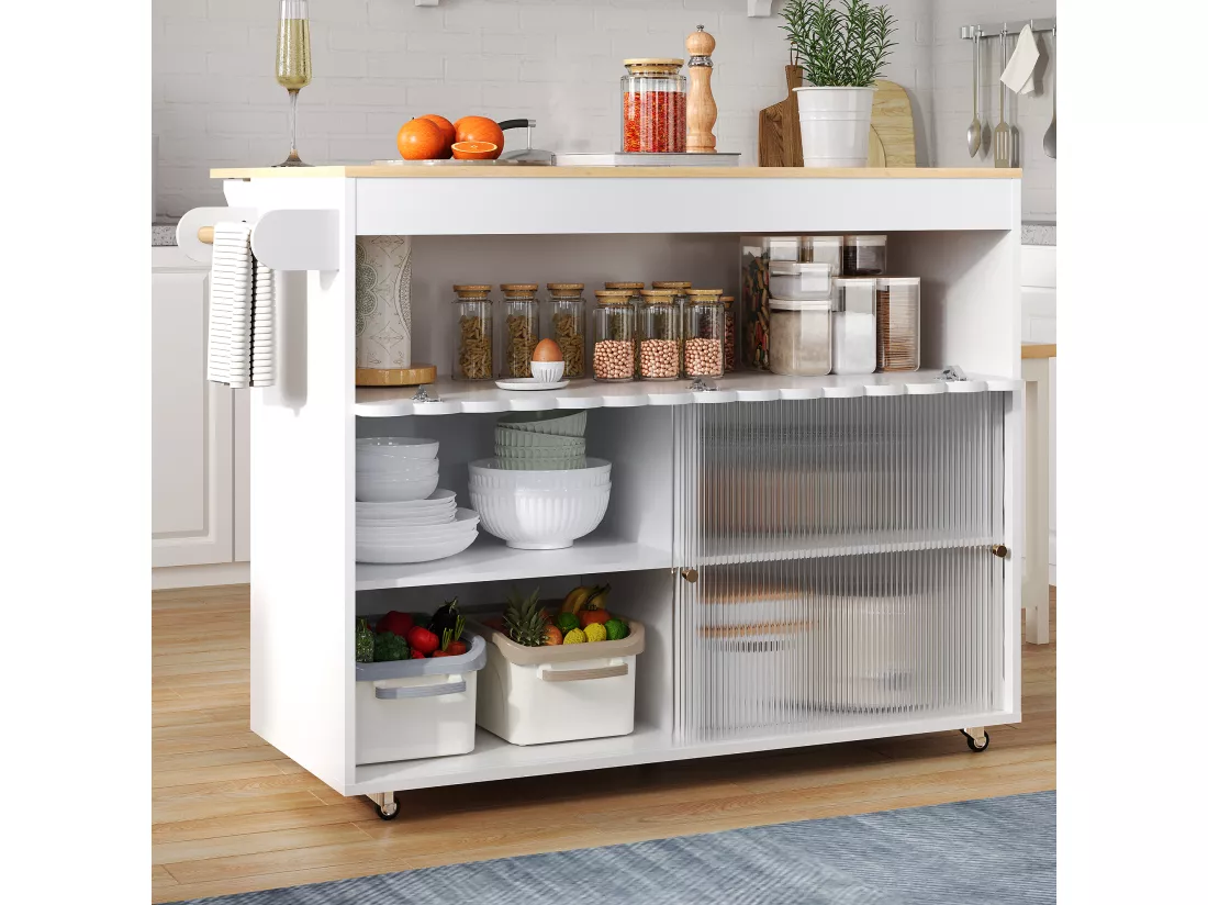 Ilot central de cuisine mobile avec 2 portes coulissantes - plateau extensible - 122x46/69x91 cm - Bois MDF - Blanc + naturel