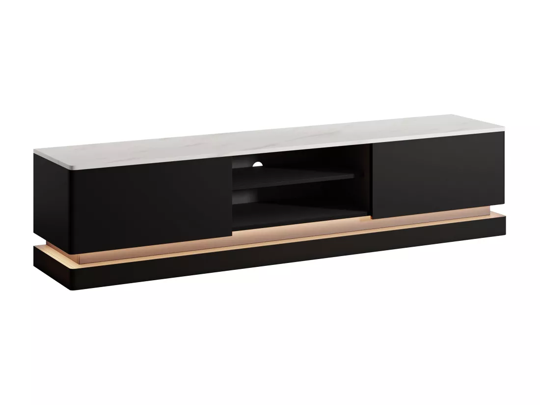 Meuble TV 2 tiroirs et 2 niches avec LEDs en MDF - Noir et effet marbre blanc - DEVIKA de Pascal MORABITO