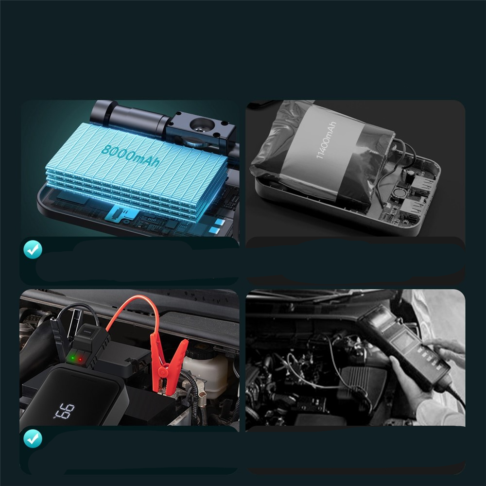 (8000mAh) Powerbank mit Jumpstart Power Starter Funktion Dual USB A / USB C   Auto Starthilfe   Luftpumpe   LED Taschenlampe - Schwarz