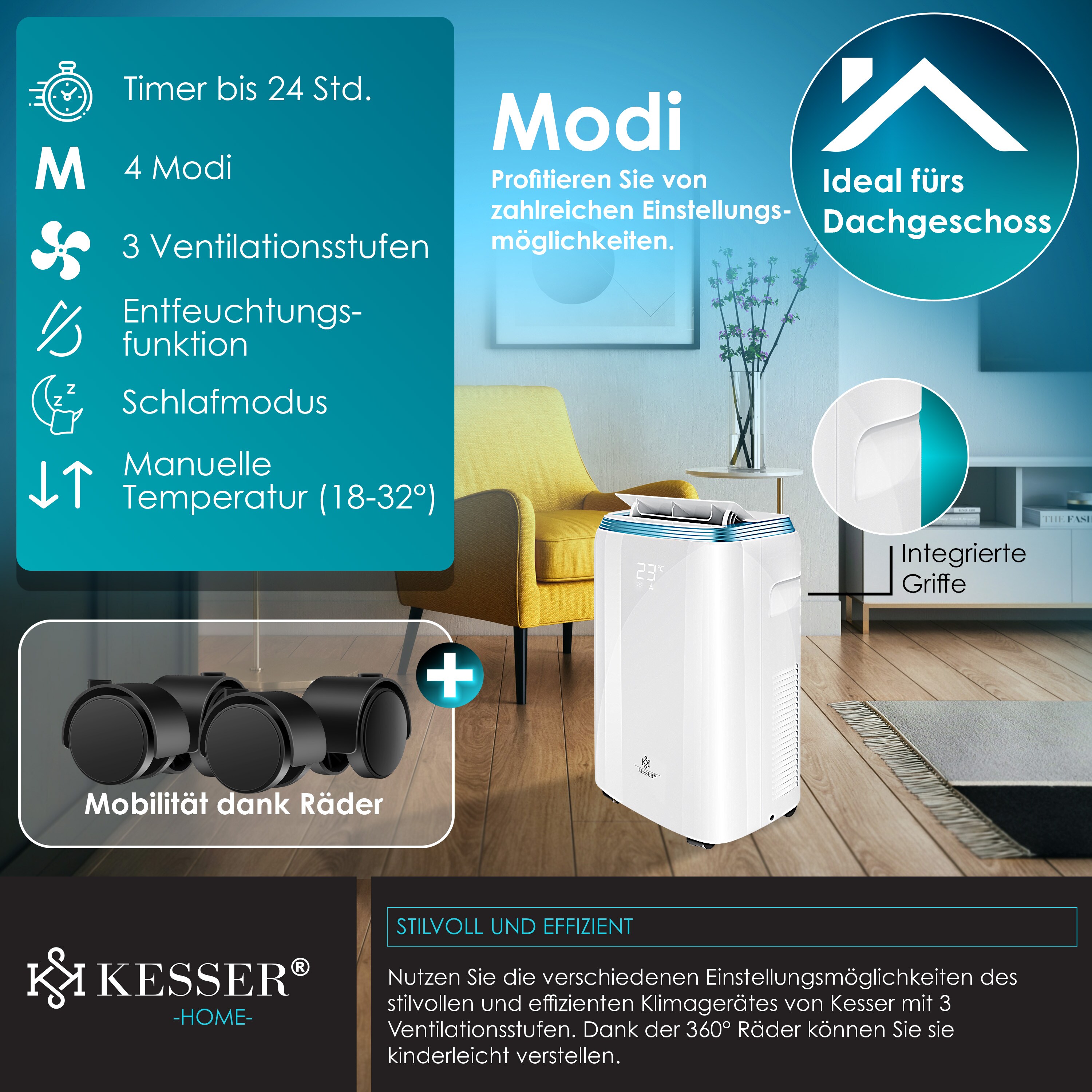 KESSER® Klimaanlage Mobil Klimagerät4in1 kühlen, Luftentfeuchter, lüften, Ventilator - 9000 BTU/h (2.600 Watt) 2,7KW - Klima , Fernbedienung und Timer, Nachtmodul