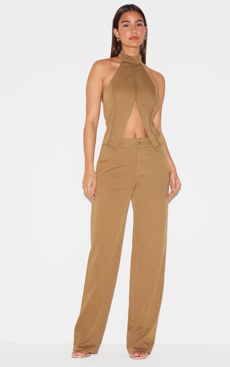 Kaki Combinaison-pantalon Tissée À Col Montant Avec Détail Zippé Et Jambes Droites