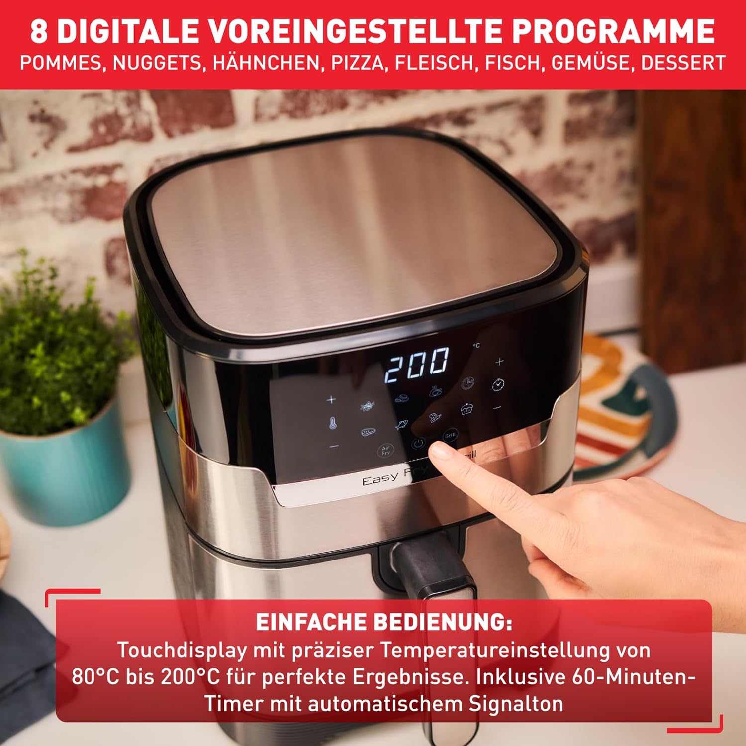 Tefal Easy Fry & Grill Heißluftfritteuse, 2-in-1 Technologie Air Fryer und Grill, Digitales Display, 4,6 Liter für 6 Portionen, 8 Kochprogramme, energiesparend, ohne Öl, Edelstahl, XL Volumen, EY505D