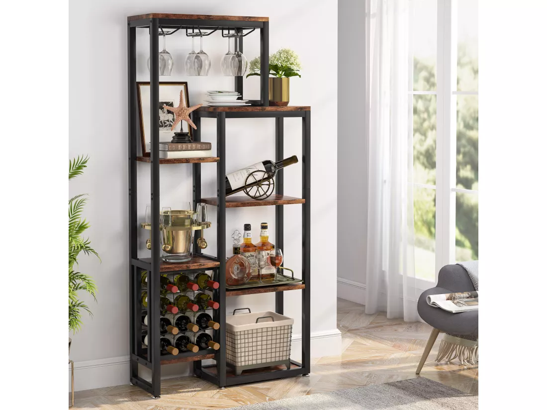 Étagère à vin Autonome à 5 étages avec Support en Verre et Rangement de vin, étagère Industrielle pour Bar, Cuisine, Salle à Manger (Marron)