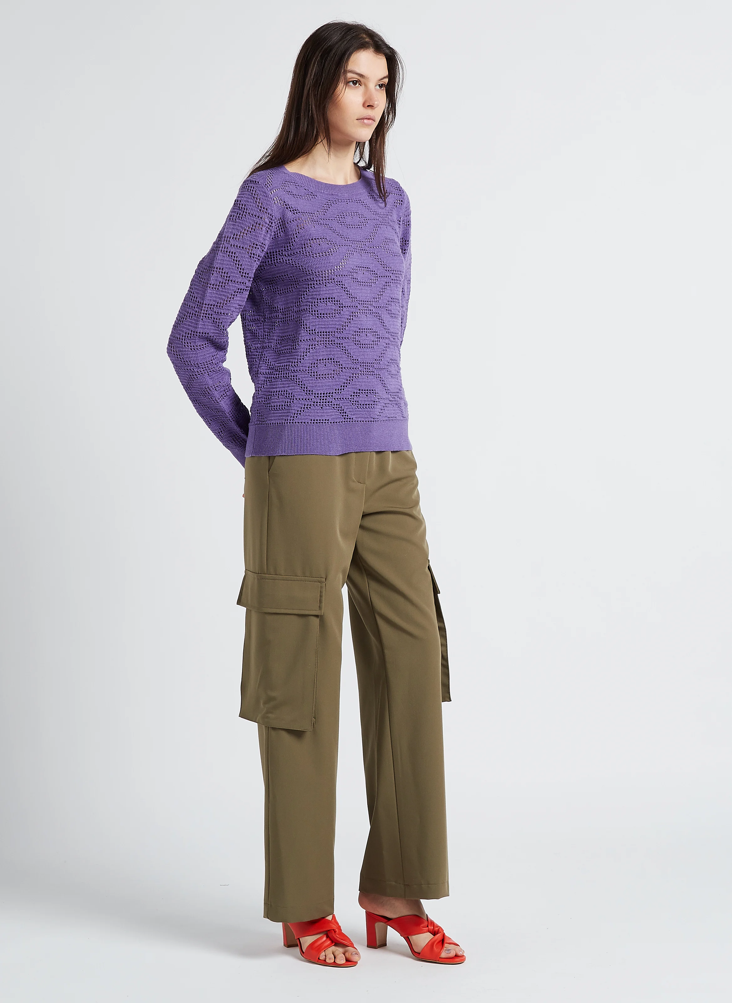 PERPLEXE - Pull col rond ajouré en coton mélangé | Violet