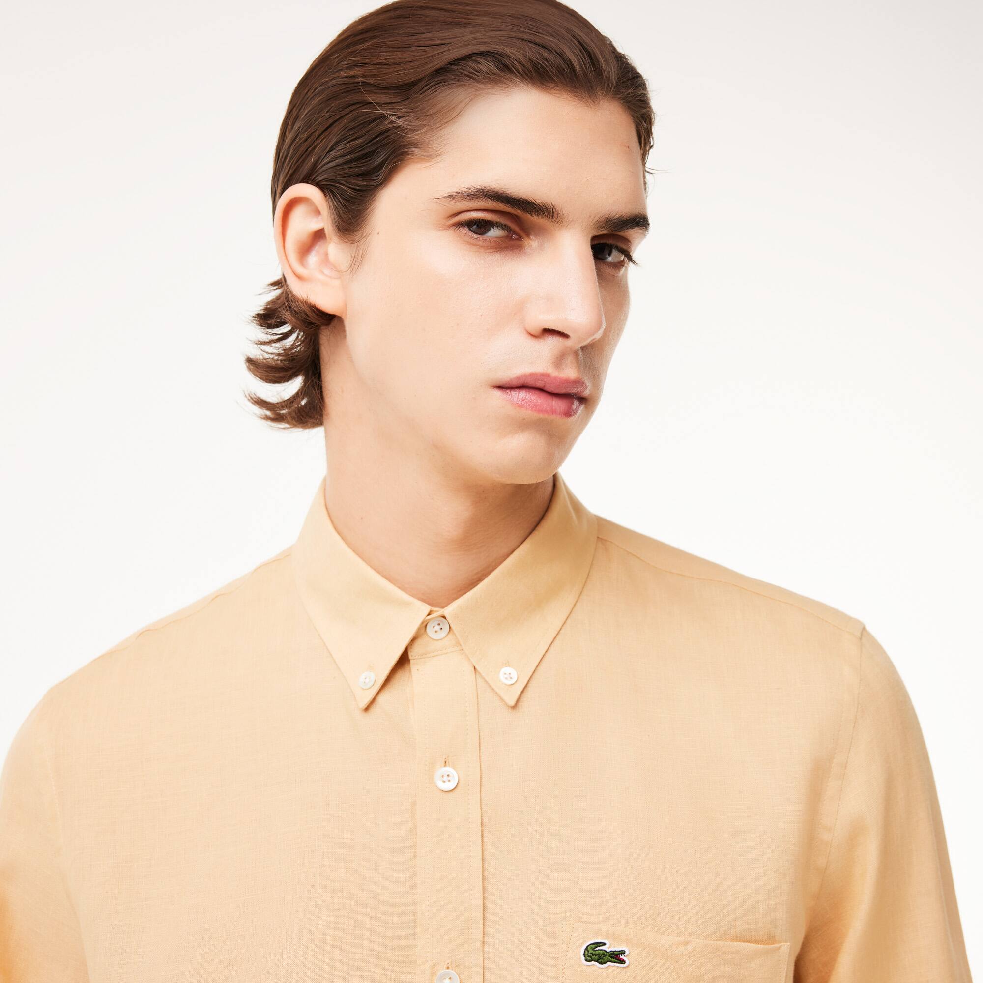 Herren LACOSTE Leinen-Hemd Lange Armel - Beige - Lacoste - Herren