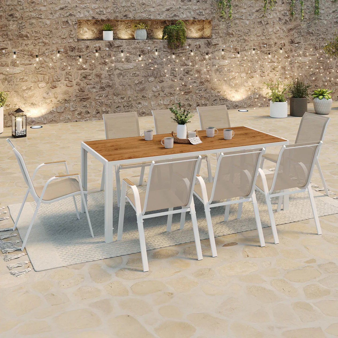 Salon de jardin NOUMEA table 190 cm plateau effet bois et 8 chaises empilables blanc et bois