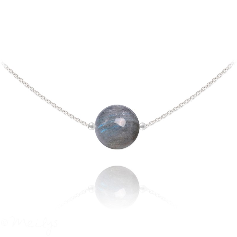 Collier ras du cou en argent 925 rhodié avec pierre naturelle 10mm - Labradorite