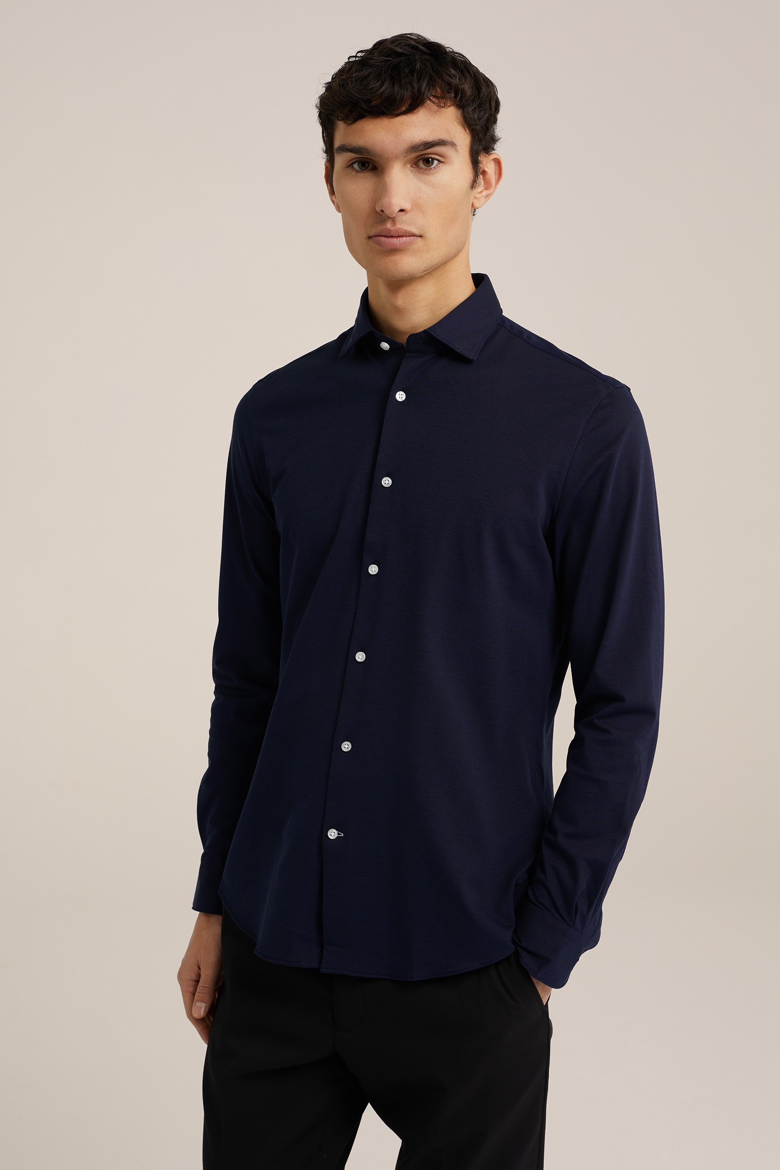 slim fit pique jersey overhemd WE Fashion Donkerblauw