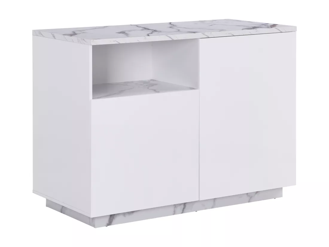 Ilot central de cuisine avec 2 portes et 1 niche en MDF - Effet marbre blanc - CORELINA