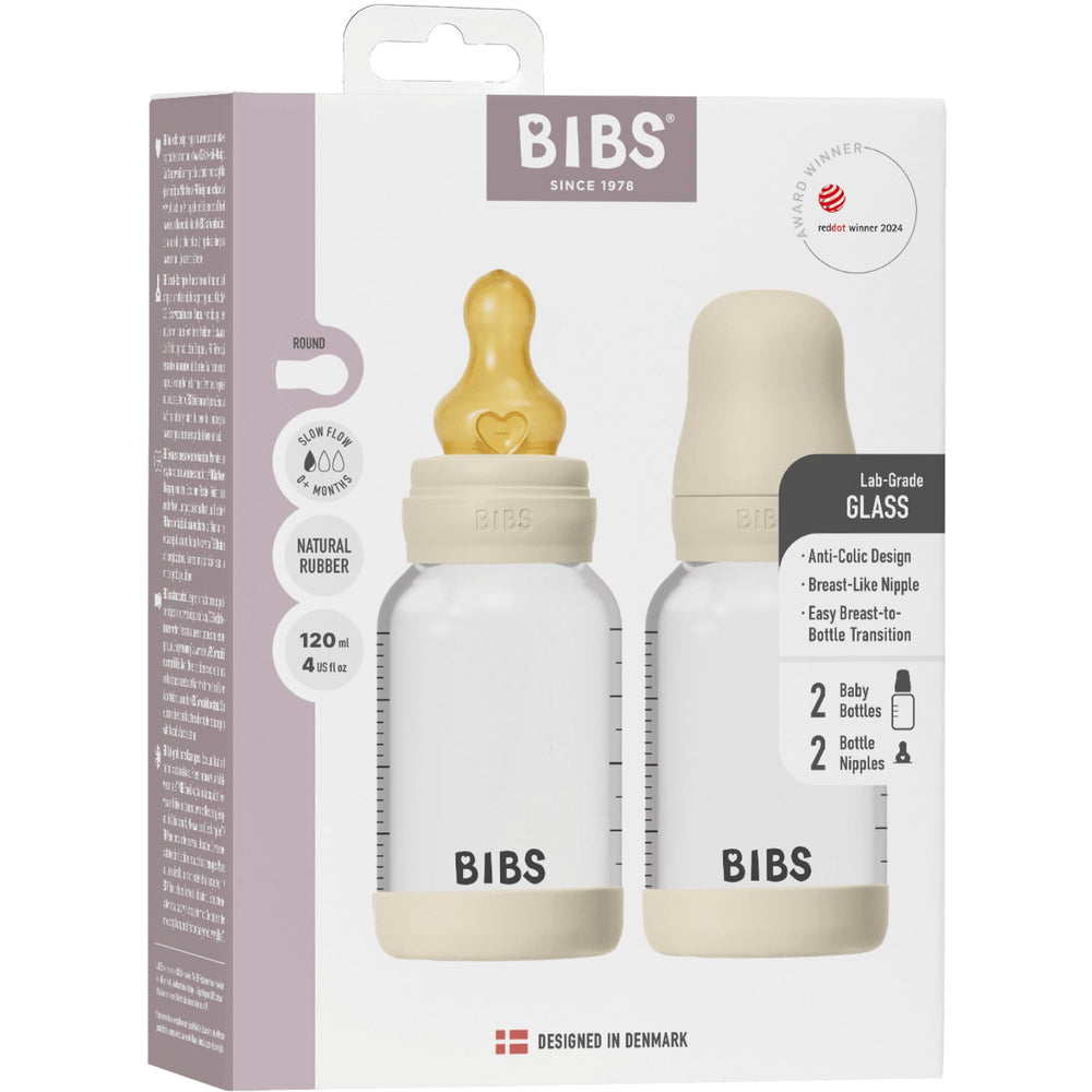 Køb Bibs Ivory Glass Baby Flaske Round Latex 2-Pak 120 Ml Slow Flow