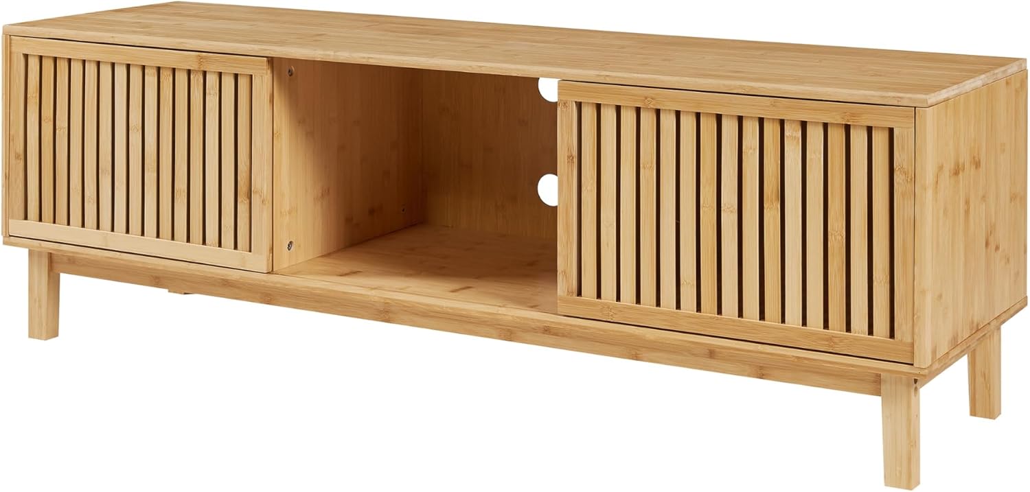 [en.casa] TV Schrank Ypäjä Lowboard mit 2 Schiebetüren und 3 Ablagefächern Fernsehschrank 150 x 42 x 50 cm TV Board TV Kommode Fernsehtisch Bambus Natur