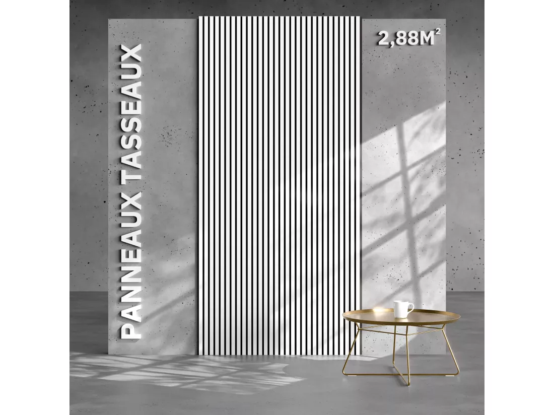 Lot de 2 Panneaux Tasseaux Bois - Blanc Feutre Noir - 2,88 m², 2400 x 600 mm, Mon Marché Déco