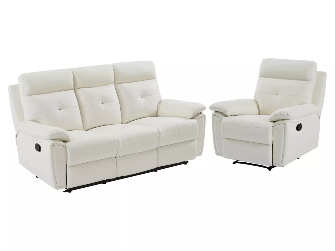 Canapé 3 places et fauteuil relax en cuir blanc VINETA