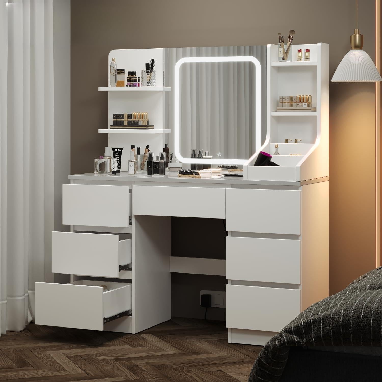 Devoko Große Schminktisch mit Beleuchtung und LED Verstellbaren Helligkeit, Schminktische mit Spiegel und 7 Schubladen, 7 offenen Ablagen, für das Schlafzimmer 110x40x140cm, Weiß
