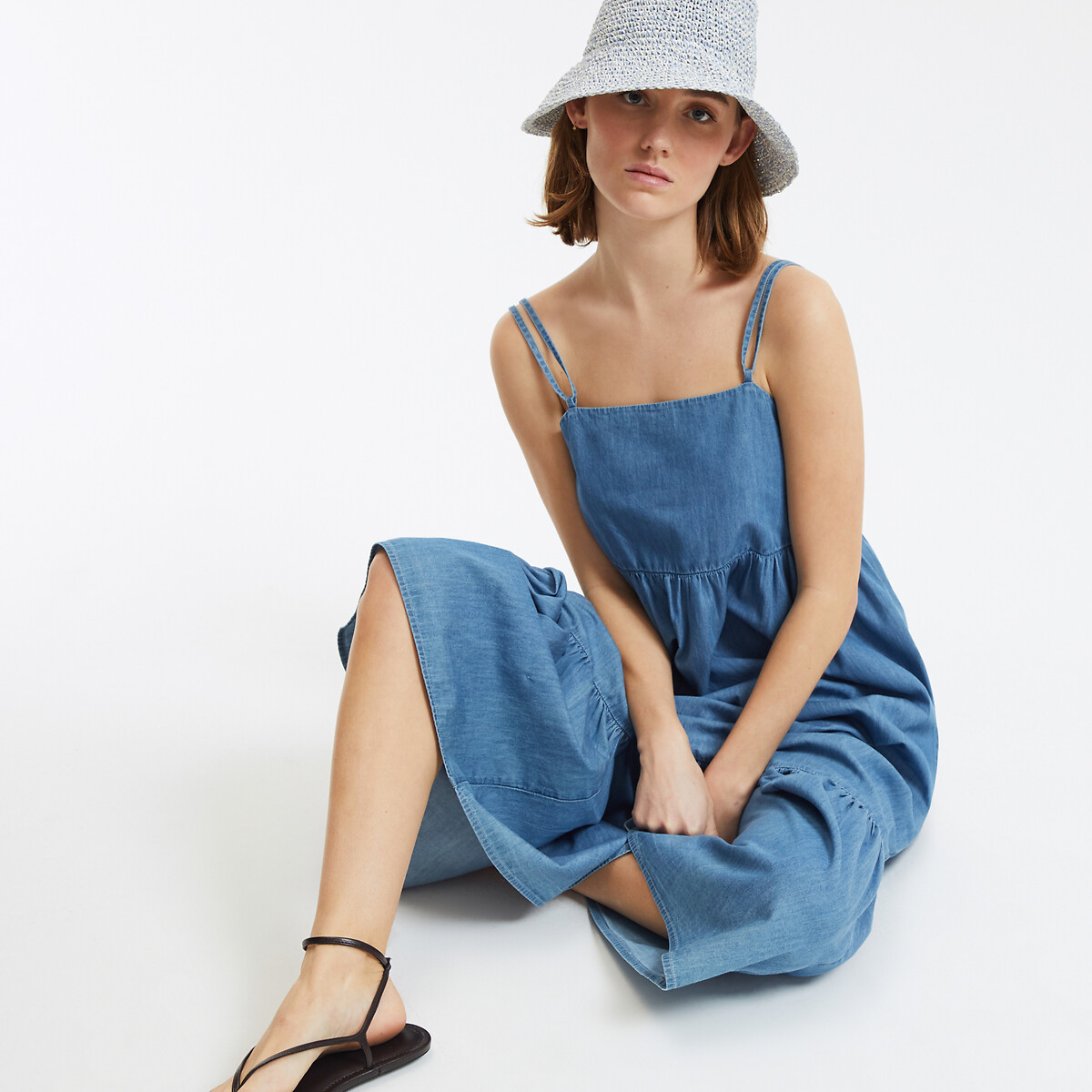 COLEÇÃO LA REDOUTE<br>Vestido longo jeans evasê com alças delicadas