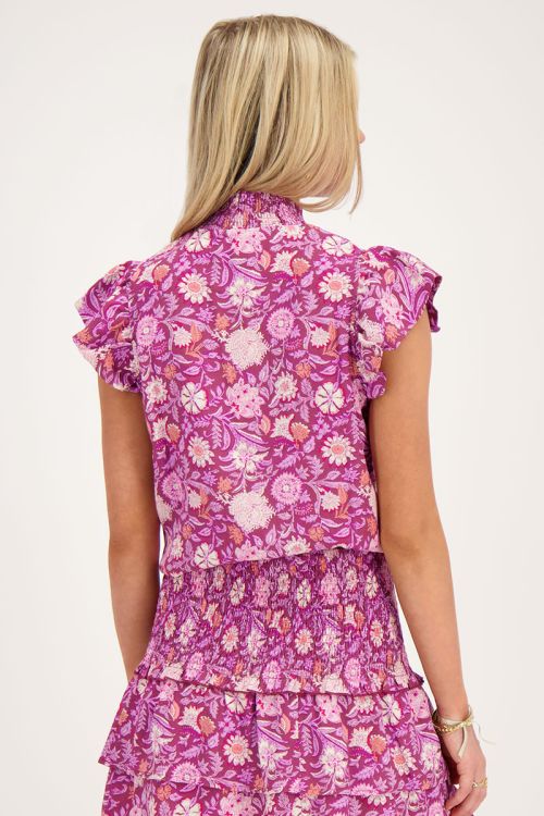 Paarse top met roze bloemenprint en smock