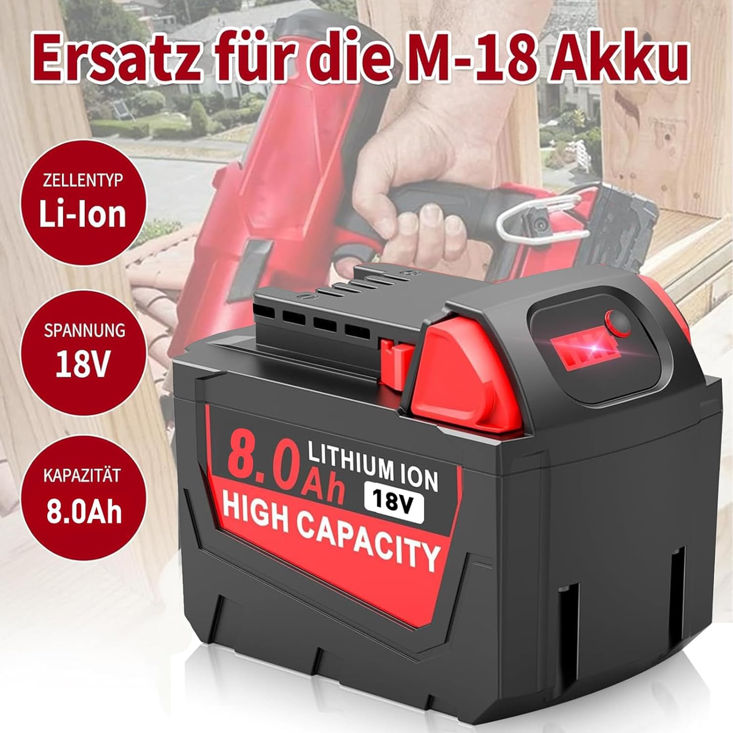 4 × 18V 8.0Ah Ersatz für Milwaukee Akku 18V, Kompatibel mit Milwaukee Akku M18 48-11-1852, 48-11-1850, 48-11-1840, 48-11-1830, 48-11-1820 mit LED-Anzeige (4 × 8.0Ah)