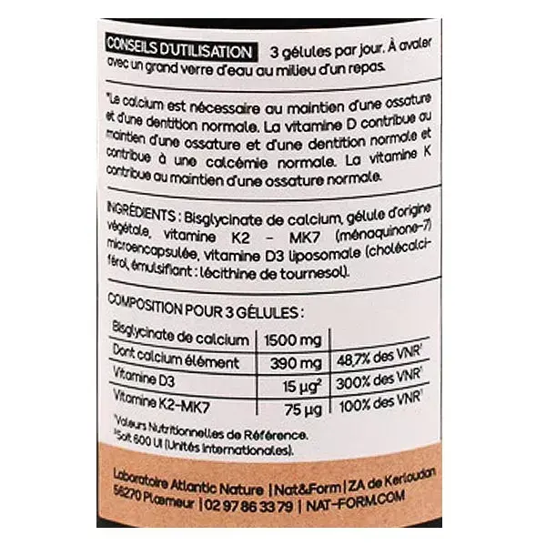 Nat & Form Nature Bislicinato de Cálcio + Vitaminas D3 e K2 Remineralizante Ósseo 90 Cápsulas
