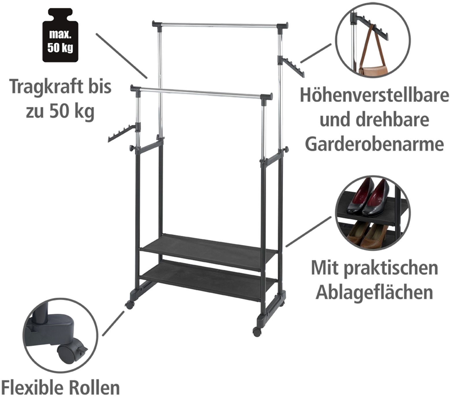 WENKO Kleiderständer »Modell All Inn« Garderobenständer mit 2 Ablagen und 2 Kleiderstangen, höhenverstellbar