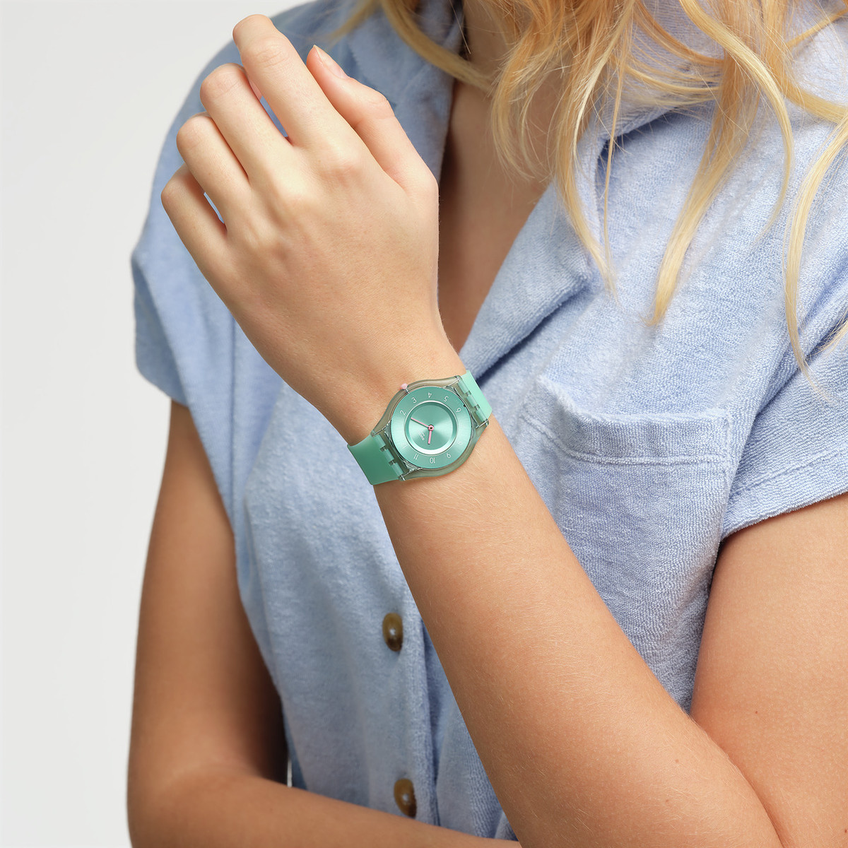 Montre SWATCH Skin Classic biosourced Pastelicious teal femme bracelet silicone vert