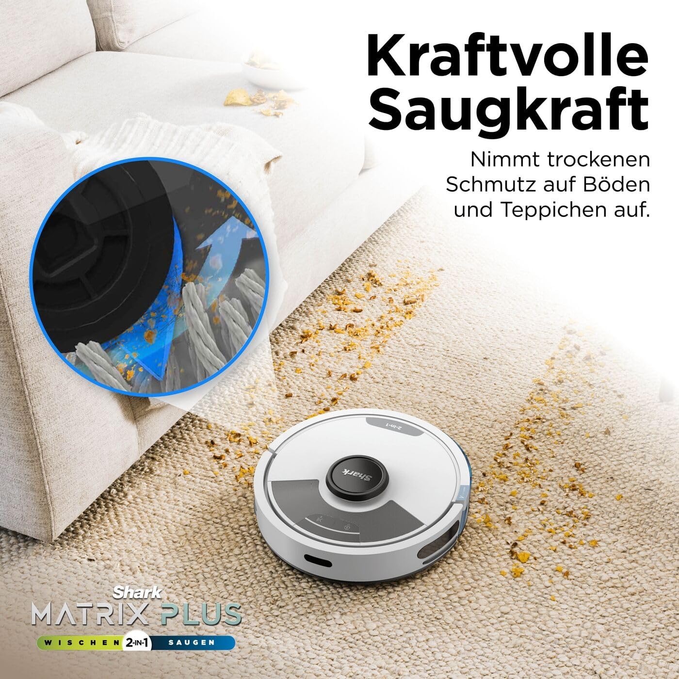 Shark Matrix Plus 2-in-1 Wisch- & Saugroboter mit LiDAR-Home Mapping, Matrix- & Kantenreinigung, für Teppich, Hartböden & Tierhaare, Selbstaufladend, Anti-Allergen, Weiß RV2620WDEUWH
