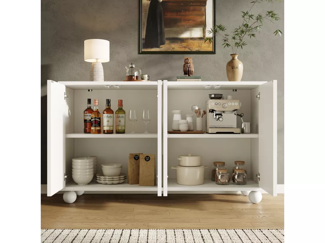 Buffet moderne avec 4 portes - 120 x 35 x 71 cm - MDF - Etagères réglables - pour salle à manger et salon - Blanc