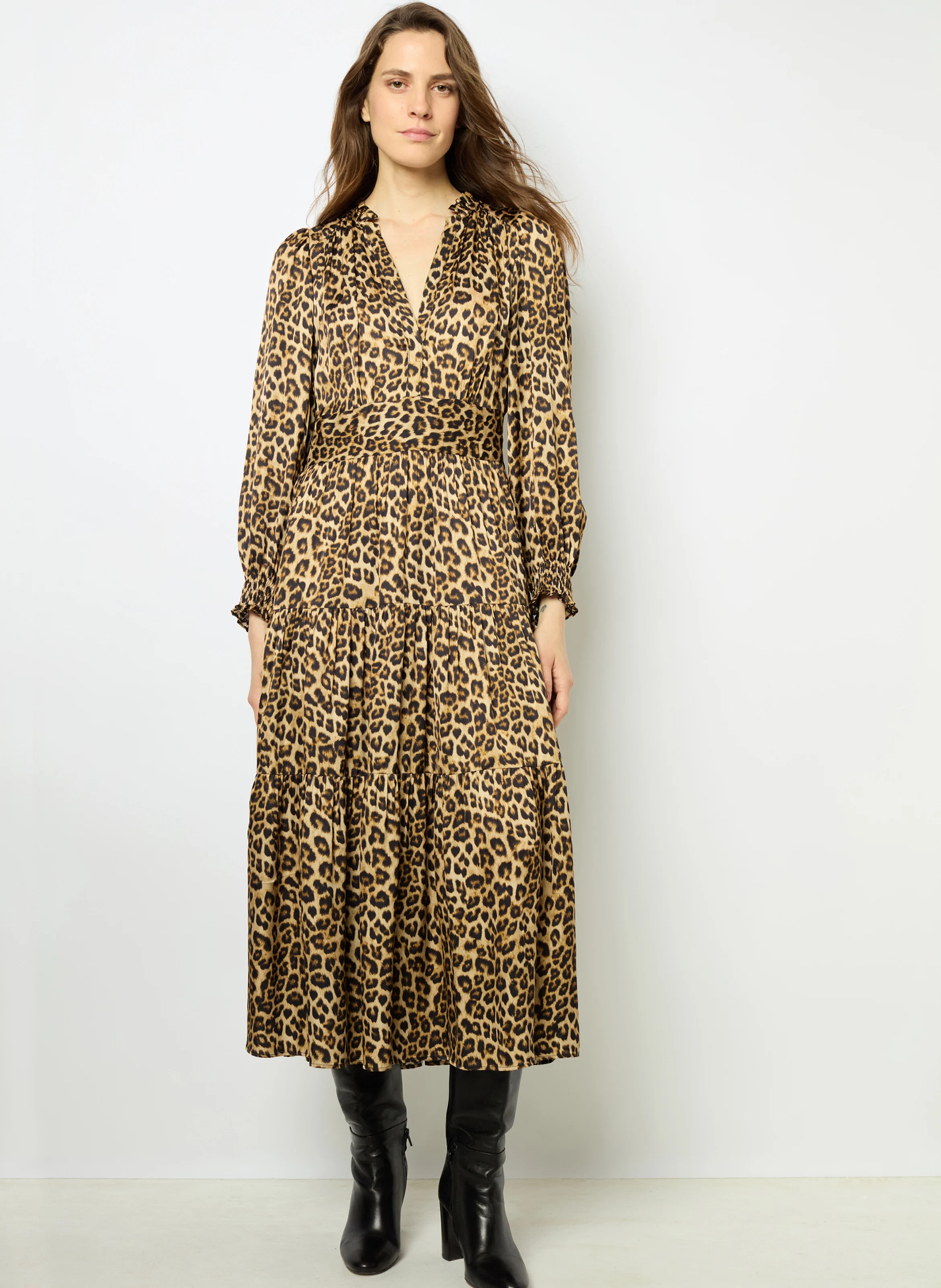 SANNA - Robe midi satinée imprimé léopard | Marron