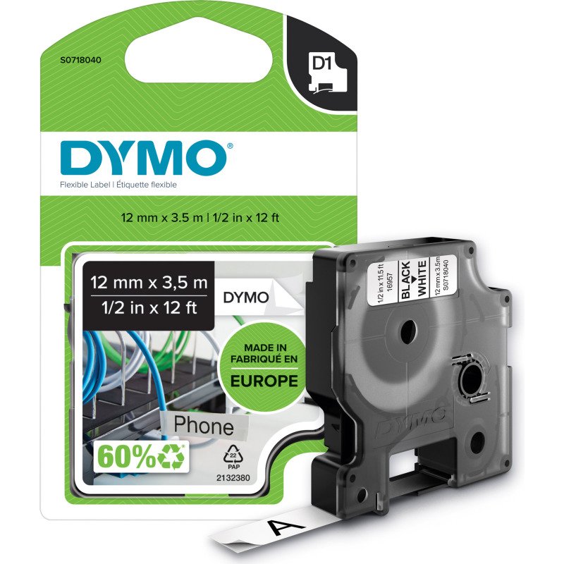 Ruban nylon Dymo D1 12 mm S0718040 - blanc écriture noire