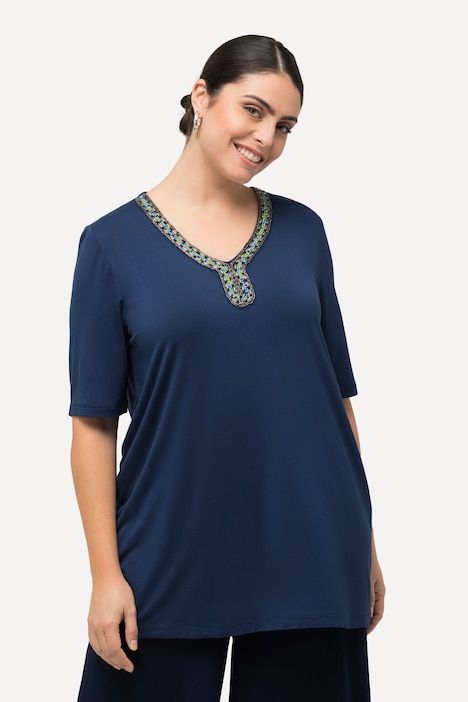 T-Shirt, Perlen, A-Linie, Tunika-Ausschnitt, Halbarm