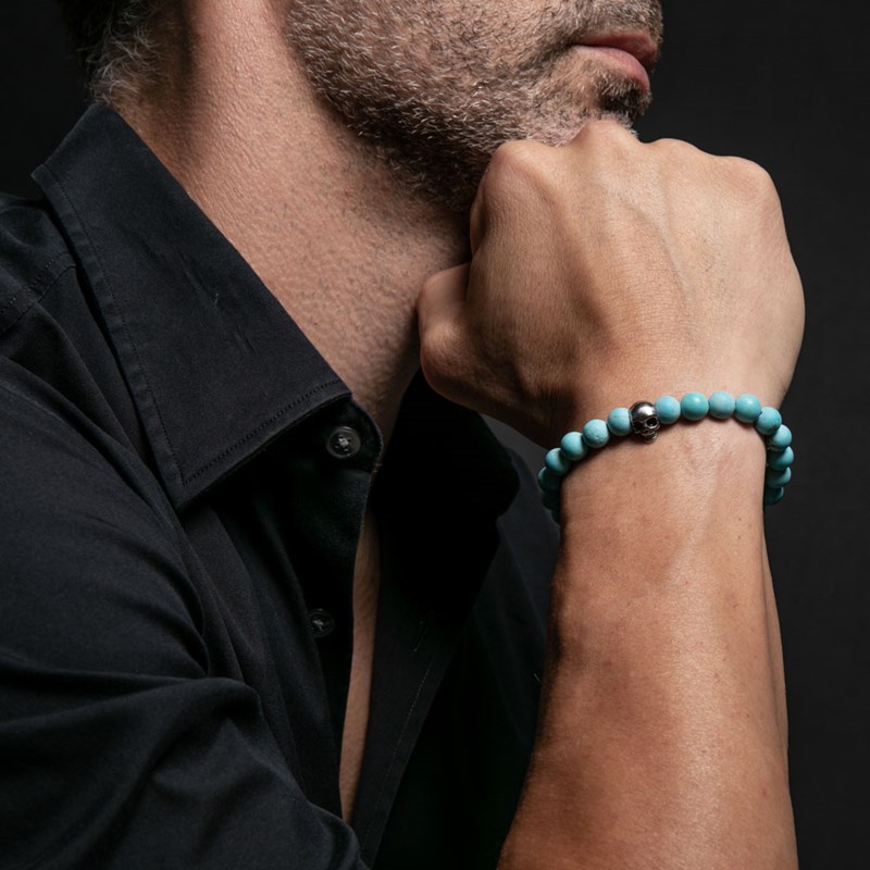 Bracelet Boules Turquoise Pierres Naturelles Tête De Mort-Large-20cm