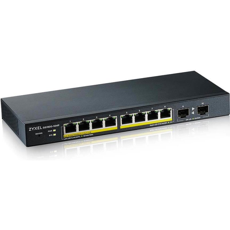 Zyxel GS1900-10HP Géré L2 Gigabit Ethernet (10/100/1000) Connexion Ethernet, supportant l'alimentation via ce port (PoE) Noir