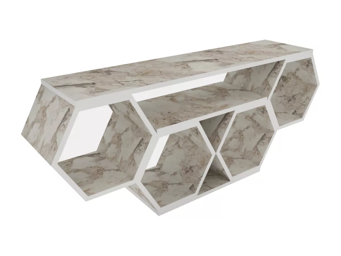 Meuble TV Bal compliments en forme de nid d'abeille, reversible (Effet marbre blanc)