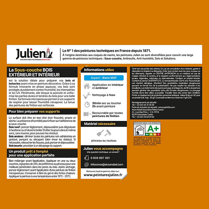 Sous-couche tous types de Bois intérieur et extérieur Julien Mat Blanc 2,5L