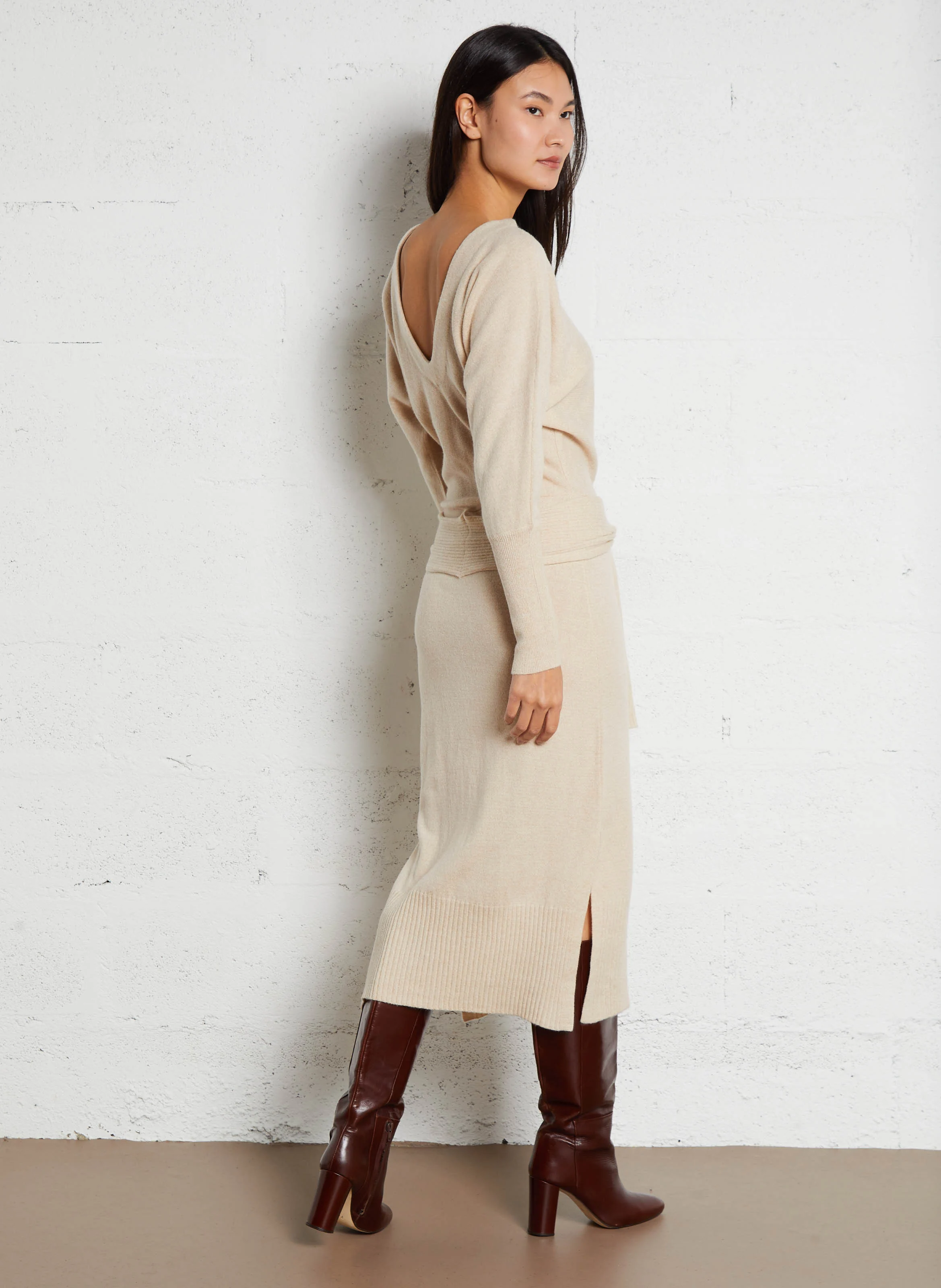 MUCCIA - Robe longue en maille| Beige