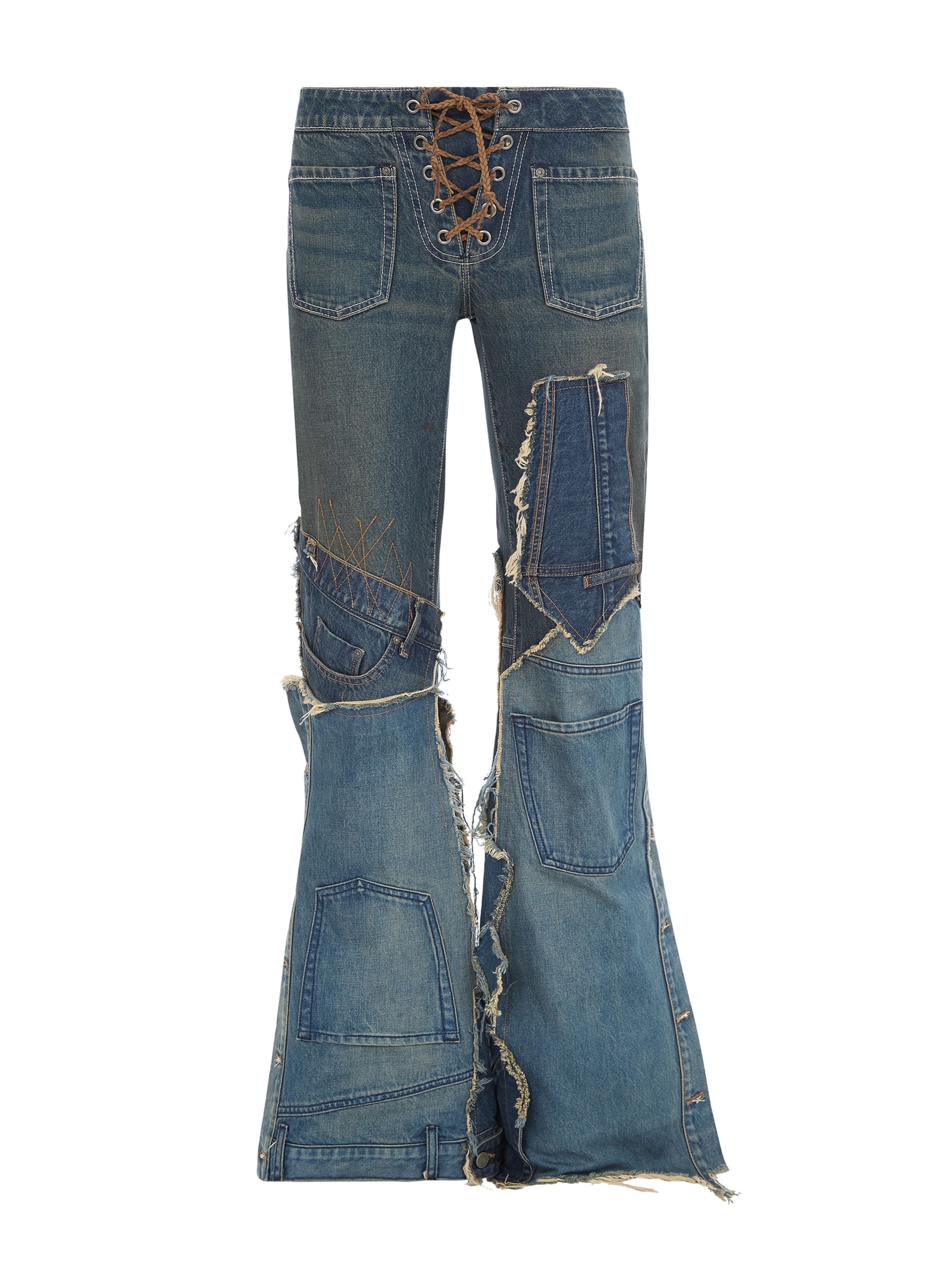 calças jeans de patchwork de pernas largas
