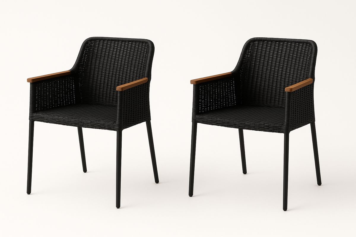 2er Set Gartenstühle Polyrattan Schwarz Metallrahmen Holzoptik