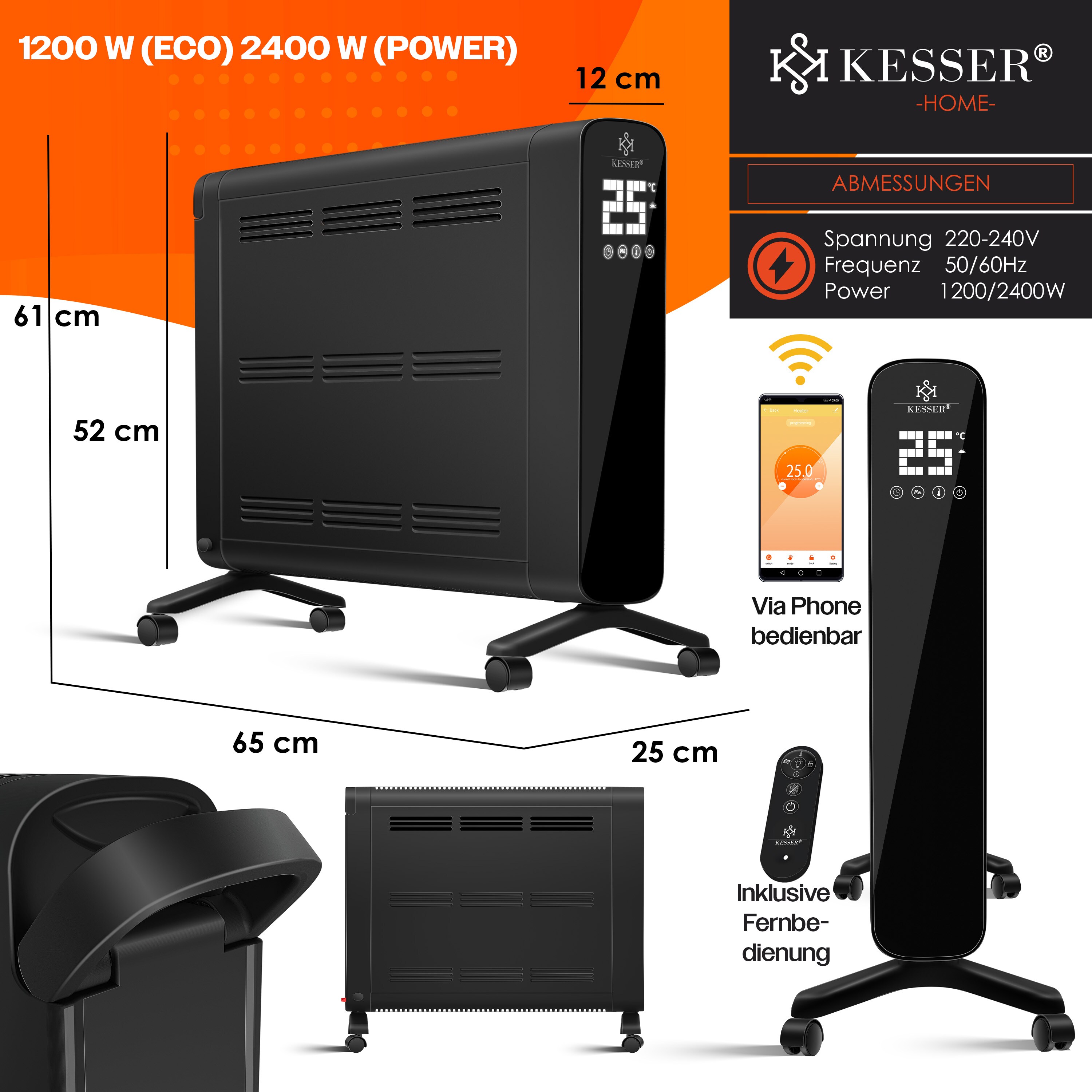 KESSER® Konvektor Premium 1200W ECO 2400W Power Mode Heizstufen Thermostat Elektroheizung WiFi App & Fernbedienung Touch-Display Timer mobiles Heizgerät Energiesparend Überhitzungsschutz