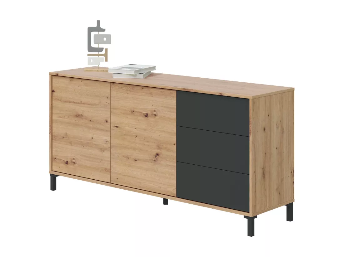 Buffet Dbog, Buffet de salon, Meuble TV, Armoire de salon, Buffet moderne avec 2 portes et 3 tiroirs, 154x41h74 cm, Chêne noué et Anthracite