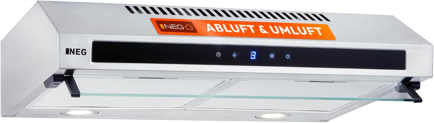 NEG Doppelmotor Design Unterbau-Dunstabzugshaube NEG15-TDLS+ (silber,Edelstahl), Glas-Front mit Sensor Touch, 322 m³/h Luftleistung, Nachlauffunktion, Abluft und Umluftbetrieb