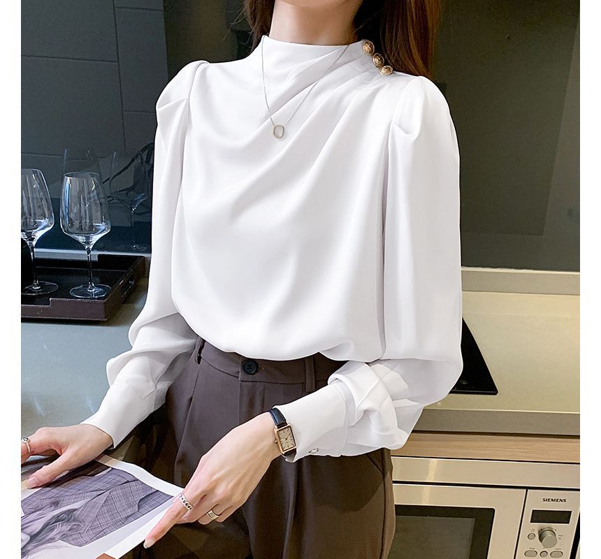 Aurora - Blouse met lange mouwen en mockneck, effen gerimpeld en knoopjes