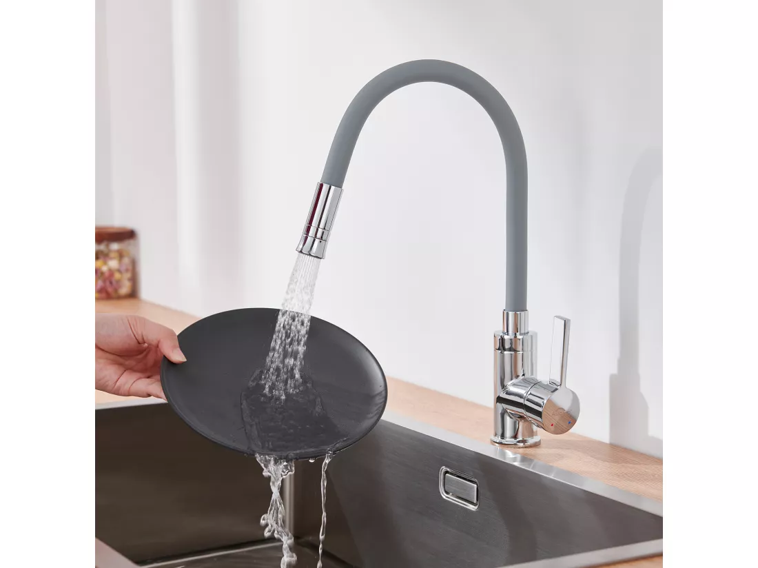 AURALUM MAX Mitigeur Cuisine avec Tuyau En Silicone Flexible Déformable Robinet d'Evier avec 2 Types Jets,Robinetterie Cuisine pivotant à 360°-Gris