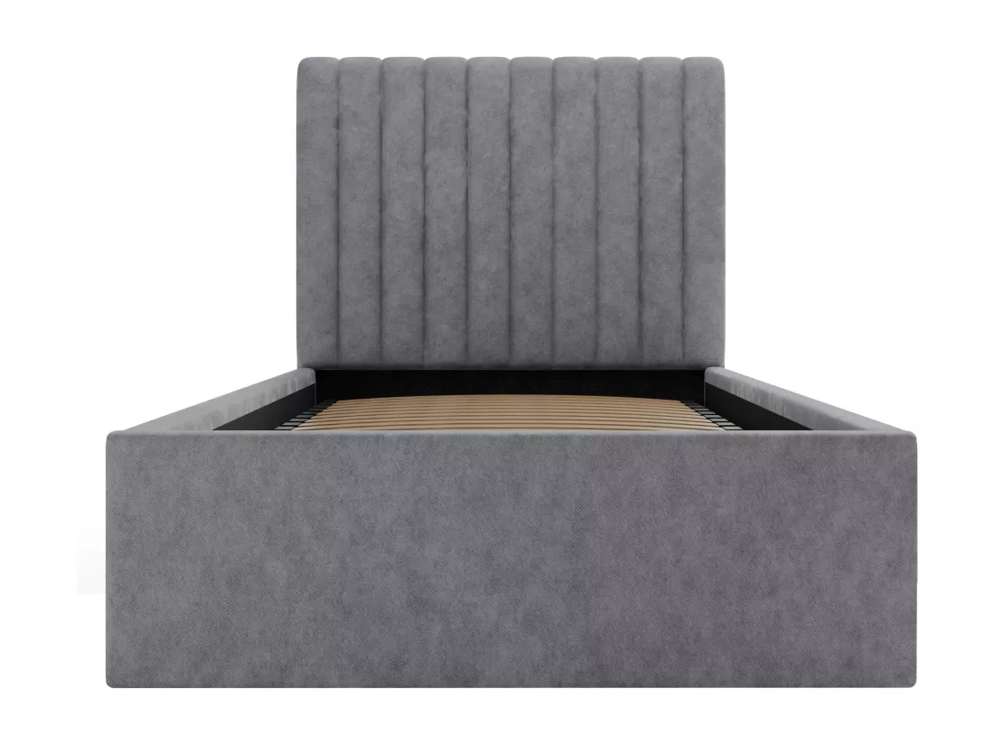 Lit coffre 90 x 190 cm avec tête de lit coutures verticales - Tissu - Gris + Matelas - SARAH