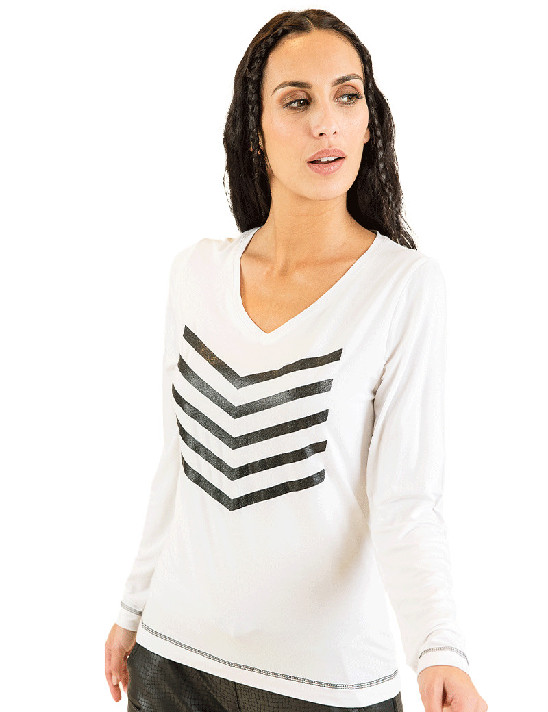 HBT BASICS ESSENTIELS | JUSTINE COTON MODAL TOP FEMME BLANC/NOIR GLITTER