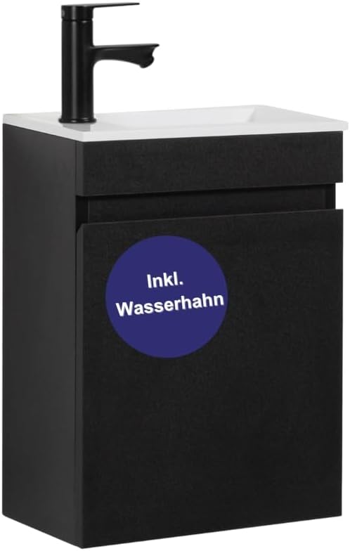 Gäste-WC Waschtisch Set 40 cm Vormontiert Klein Waschbecken mit Unterschrank (Schwarz 40cm, Mit Wasserhahn Schwarz)