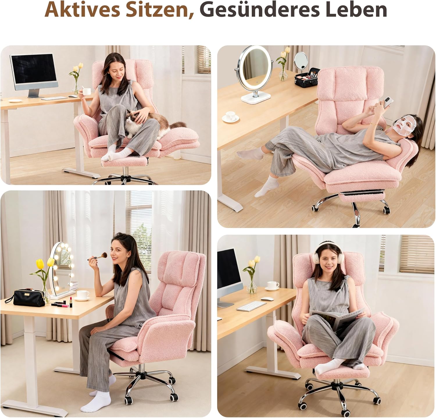 Bürostuhl Chefsessel Ergonomisch, Gaming Stuhl mit Fußstütze & 135° Verstellbarer Rückenlehne, Drehstuhl mit klappbaren Armlehnen, Hochlehner aus Teddy-Fleece Stoff – Rosa