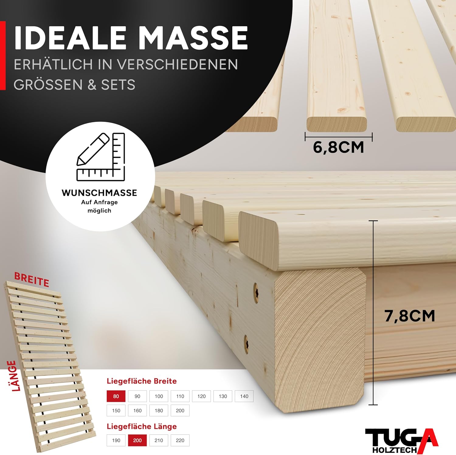 TUGA - Holztech Rollrost und Auflagerrahmen Lattenrost 120 x 200 cm 300kg Palettenbett Gästebett