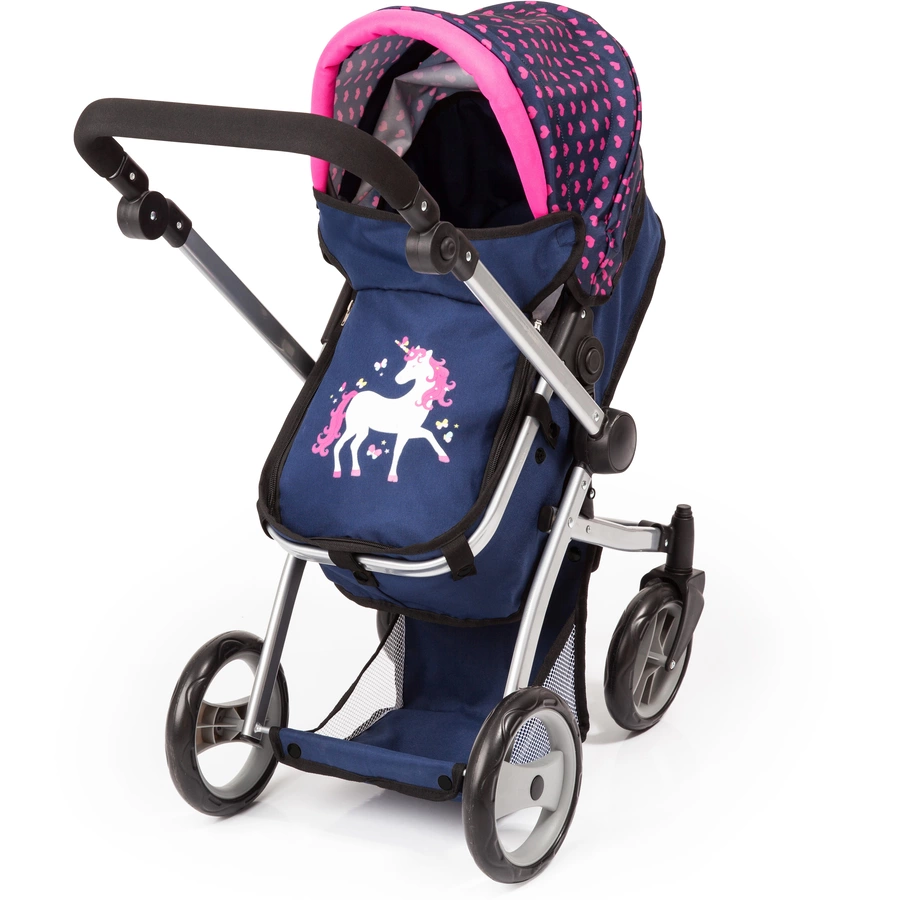 bayer Design Kombi-Puppenwagen Mega Set, blau mit Herzen und Einhorn